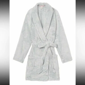 Victoria's Secret Cozy Plush Short Bath Robe Gray Blue